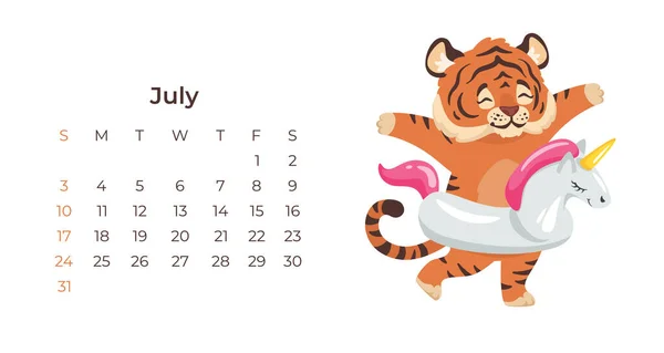 Bonito tigre dos desenhos animados julho 2022 modelo de calendário horizontal. — Vetor de Stock