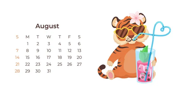 Mignon tigre dessin animé Août 2022 calendrier modèle horizontal. — Image vectorielle