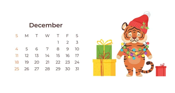 Lindo tigre de dibujos animados Diciembre 2022 calendario plantilla horizontal. — Vector de stock