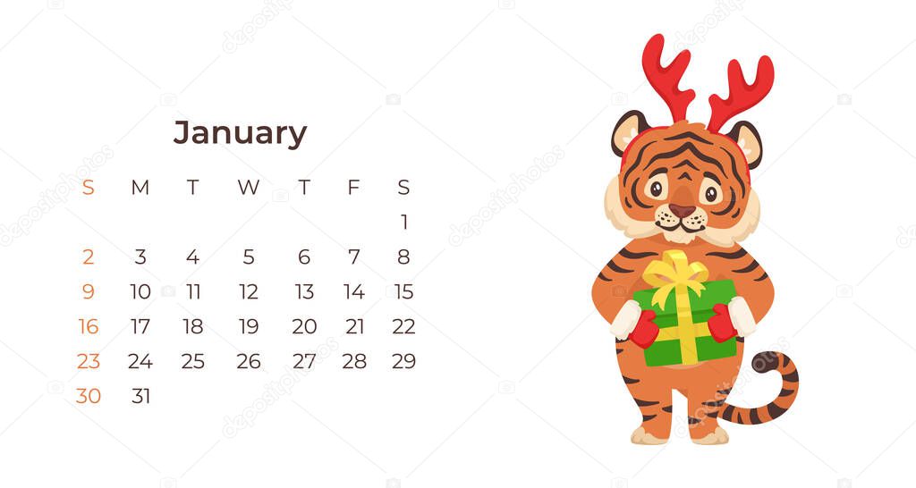 Cute cartoon tiger January 2022 calendar horizontal template.