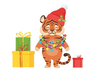 Vektör Yeni Yıl veya Noel sevimli kaplanı