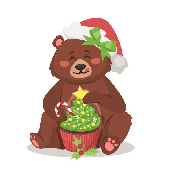 Bear eating New Year or Christmas cupcake — Stock Vector
