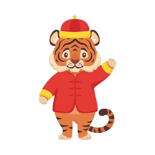 Adorable lindo tigre en tradicional china ropa. — Vector de stock