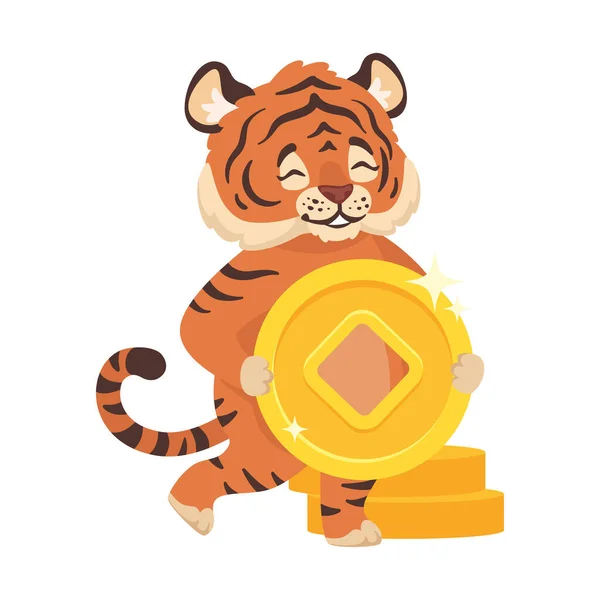 Tigre lindo con monedas chinas de agujero cuadrado de oro — Vector de stock