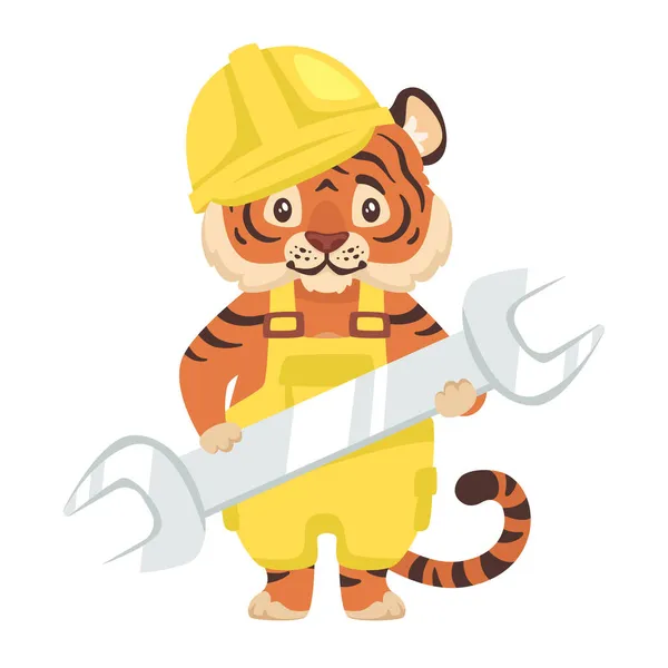 Vector lindo tigre en ropa de trabajo que sostiene la llave — Archivo Imágenes Vectoriales