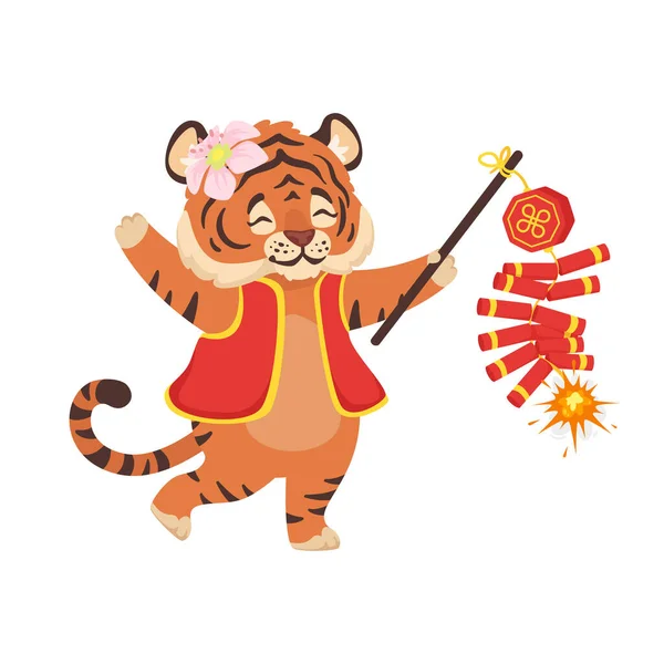 Tigre bonito segurando tradicional China fogos de artifício. Isolados —  Vetores de Stock