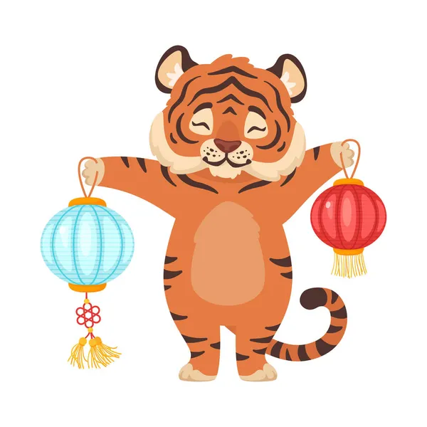 Adorable lindo tigre celebración de China linternas tradicionales. — Vector de stock