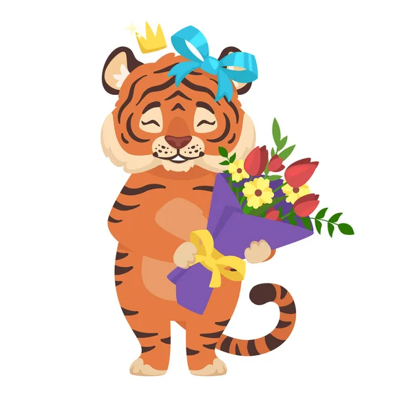 Вектор Очаровательный смешной тигр держит цветы изолированы — стоковый вектор