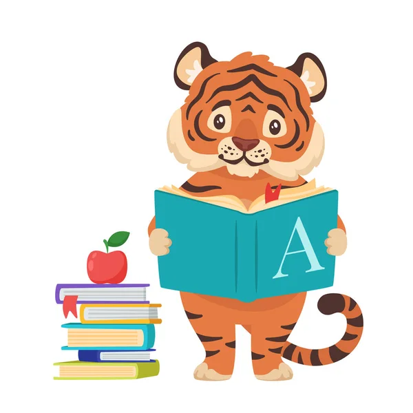 Cartoon illustration of tiger reading a book. — Stock Vector