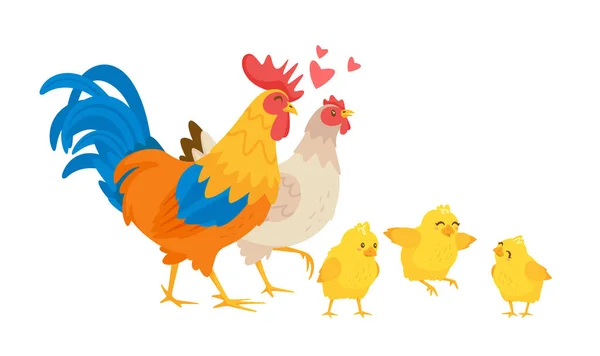 Kurczak hapy rodzinnie. Kurczęta, koguty i kurczęta — Wektor stockowy