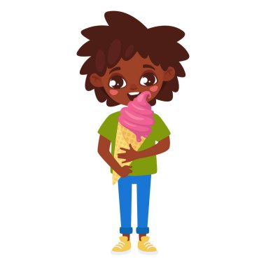 Dondurma yiyen Afrikalı Amerikalı çocuk. İzole edilmiş