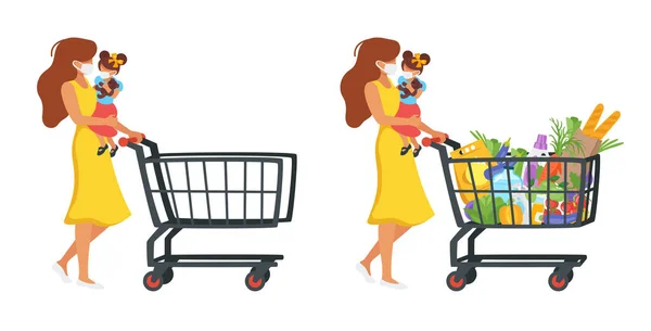Woman with shopping cart full of products — Stock Vector