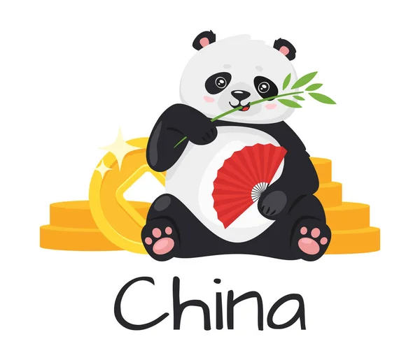 Panda eating bamboo and holding red fan — Stock Vector