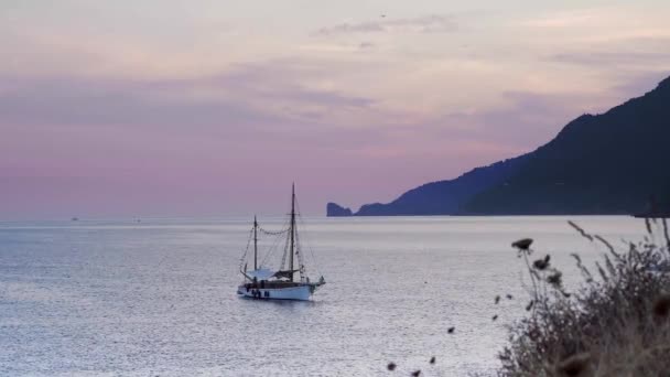 Yacht in a wild tropical bay at the sunset. — Vídeo de Stock