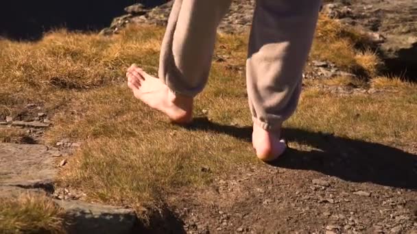 Hombre Mujer Libre Camina Suavemente Sobre Césped Con Rocas Prado — Vídeos de Stock