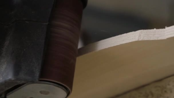 Carpenter Polishes Plywood Mechanic Grinder Give Wood Smooth Texture — Stock Video