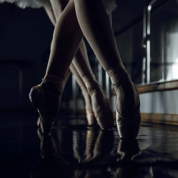 芭蕾舞演员在课堂上手拉手浅色女子黑暗舞黑色 — 图库照片