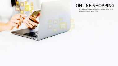 order in online store, shopping on internet, concept on virtual screen with hands typing on keyboard