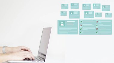 Marked checklist on a clipboard. Human resources and management concept. Employees must complete the online survey form, answer the test questions.