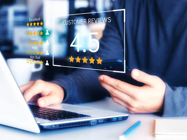 User give rating to service experience on online application, Customer review satisfaction feedback survey concept, Customer can evaluate quality of service leading to reputation ranking of business