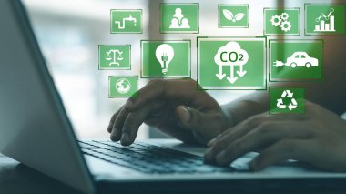 reduce CO2 emission concept with icons, global warming