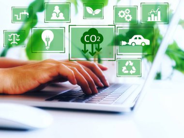 reduce CO2 emission concept with icons, global warming