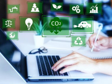reduce CO2 emission concept with icons, global warming