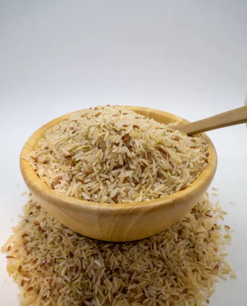 Jasmín Rýže Semínka Šálku Rýže Barvy Pozadí Dřevěnou Lžičkou — Stock fotografie