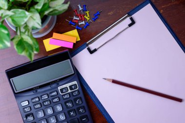 Calculator, file, pencil and office supplies. Placed beside a tree on a wooden table.