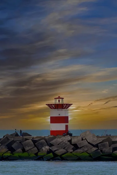Czerwona Latarnia Morska Den Haag Haga Holandii Zachodem Słońca Jako — Zdjęcie stockowe