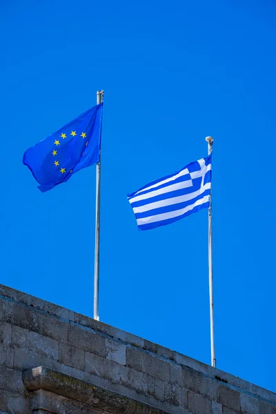 European Greece Flag Blue Sky — Zdjęcie stockowe
