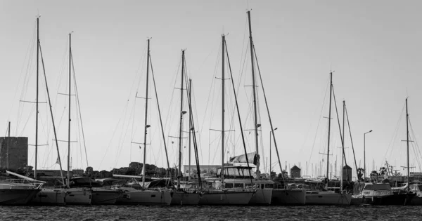 Boat Masts Row Sunny Day Black White — Zdjęcie stockowe