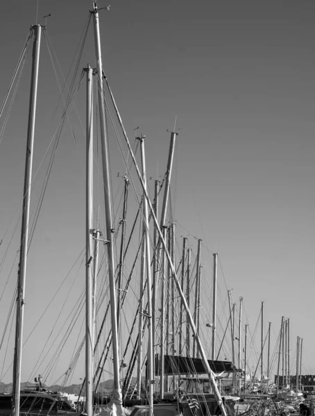Boat Masts Row Sunny Day Black White — Zdjęcie stockowe