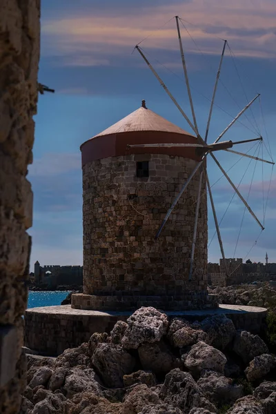 Windmills Mandraki Harbor Sunset Time — стокове фото