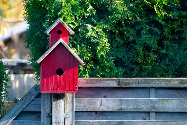 Röd Fågel Hus Ett Trästaket — Stockfoto