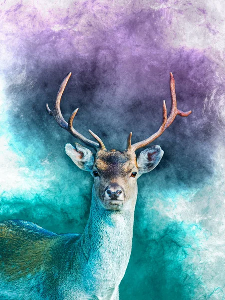 Ilustração Digital Veado Colorido Roxo Wight Oceano Azul — Fotografia de Stock