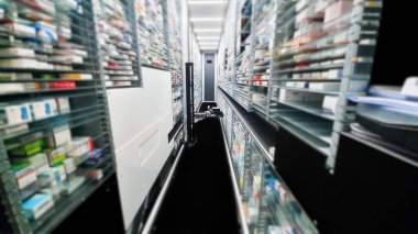 Modern eczane deposu ve bir robot el bir eczanede uyuşturucu düzenliyor ve depoluyor..