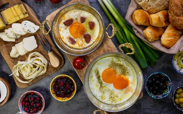 Flat Lay Organic Fresh Delicious Traditional Turkish Breakfast Table — Photo