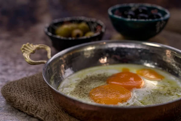 Delicious Traditional Turkish Breakfast Fried Eggs Olive Table Empty Space — Stockfoto