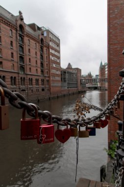 locks on a bridge in Hamburg for lovers and strong relationships.