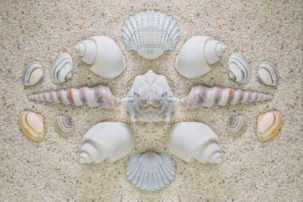 Θαλασσινό Κέλυφος Διατεταγμένα Σχήματα Στην Άμμο — Φωτογραφία Αρχείου