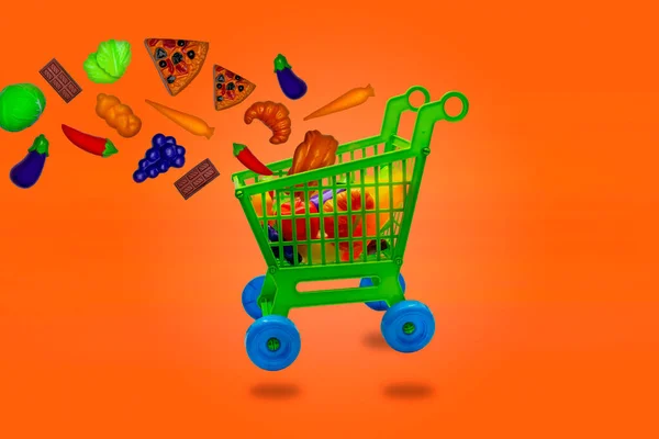 Toy Shopping cart with different toy food ,Background color orange
