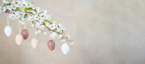 Renkli olmayan doğal paskalya yumurtaları beyaz çiçeklerle dalda asılı..