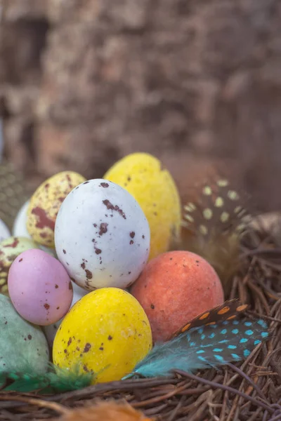 Oeufs Bonbons Pâques Différentes Couleurs Dans Nid Noël Concept Bonbons — Photo