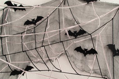 Örümcek ağı ve yarasalar iç dekorasyon olarak bir duvarda, kendi kendine yapılmış, gün ışığında yün iplik.