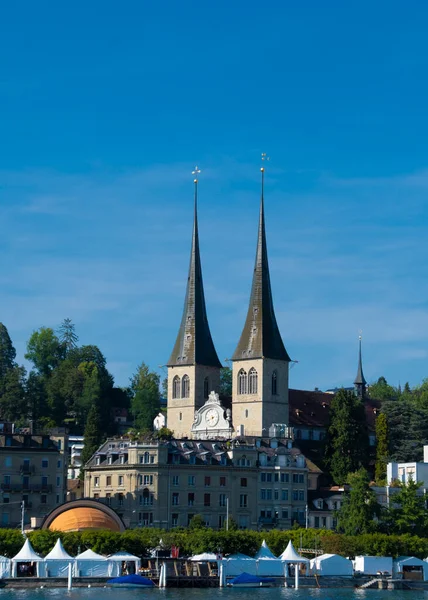 Grand Hotel National Luzern Hofkirche Leodegar Uma Vista Falta — Fotografia de Stock