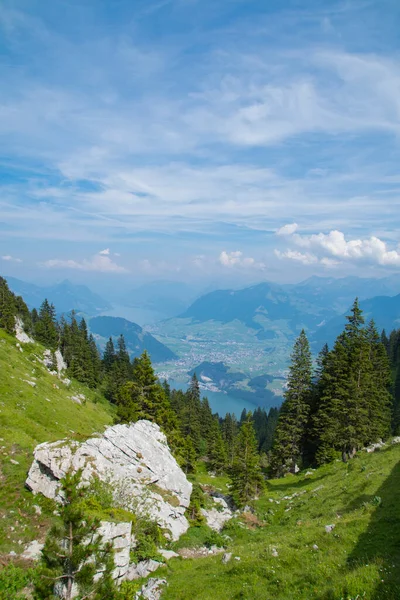 Utsikt Över Vackert Landskap Alperna Med Färska Gröna Ängar Och — Stockfoto