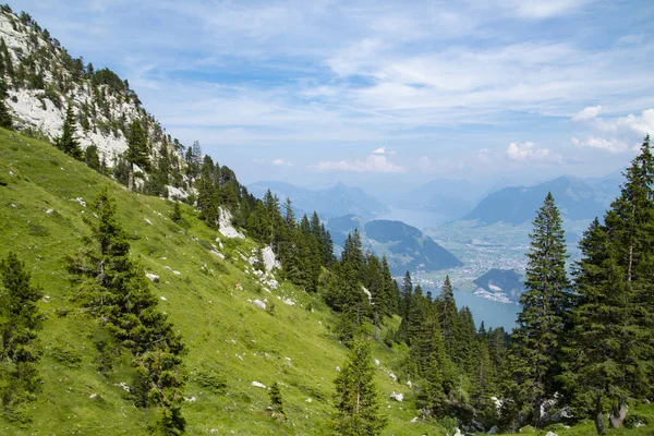 Utsikt Över Vackert Landskap Alperna Med Färska Gröna Ängar Och — Stockfoto