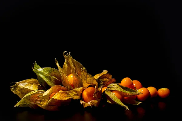 Physalis Cape Grosella Fresca Sobre Fondo Negro Arreglado Una Manera — Foto de Stock