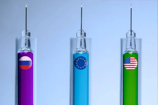 Race for the first corona vaccine, Vaccination syringes with the flags of Russia, Germany and America. mix media illustration.